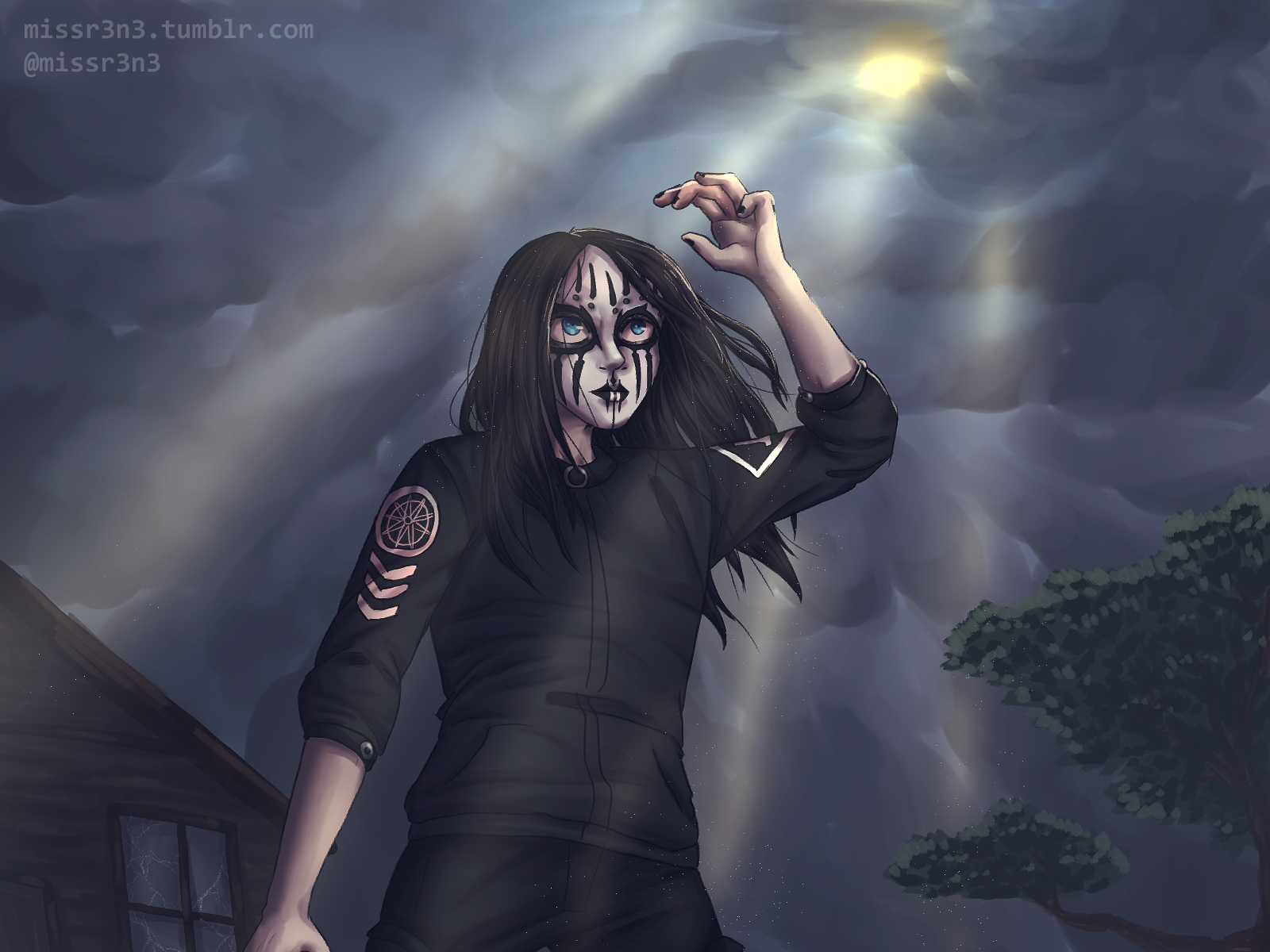 a drawing of joey jordison in his volume 3 mask looking up at the sky as clouds part